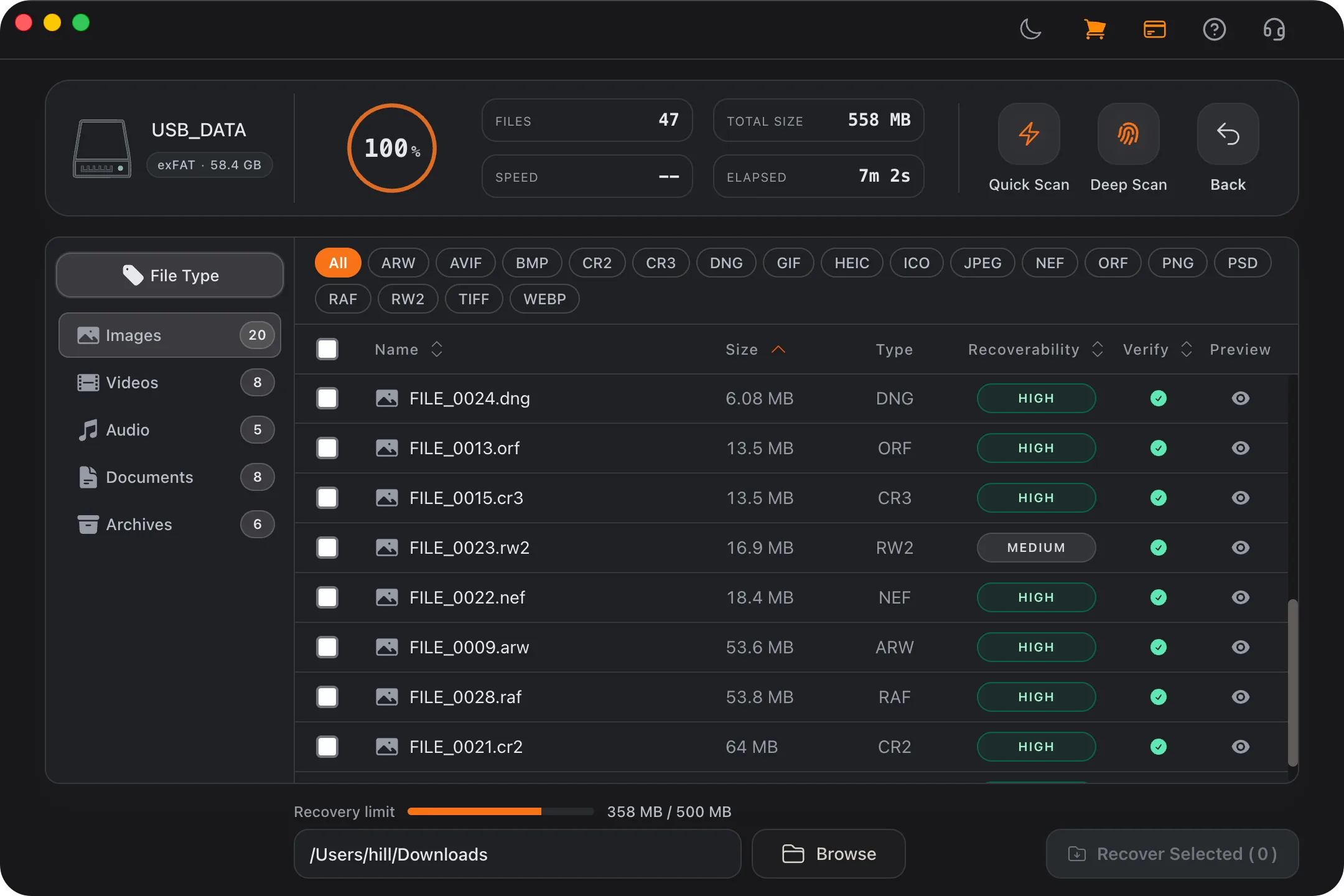 Refindo Deep Scan results showing recoverable files by type.