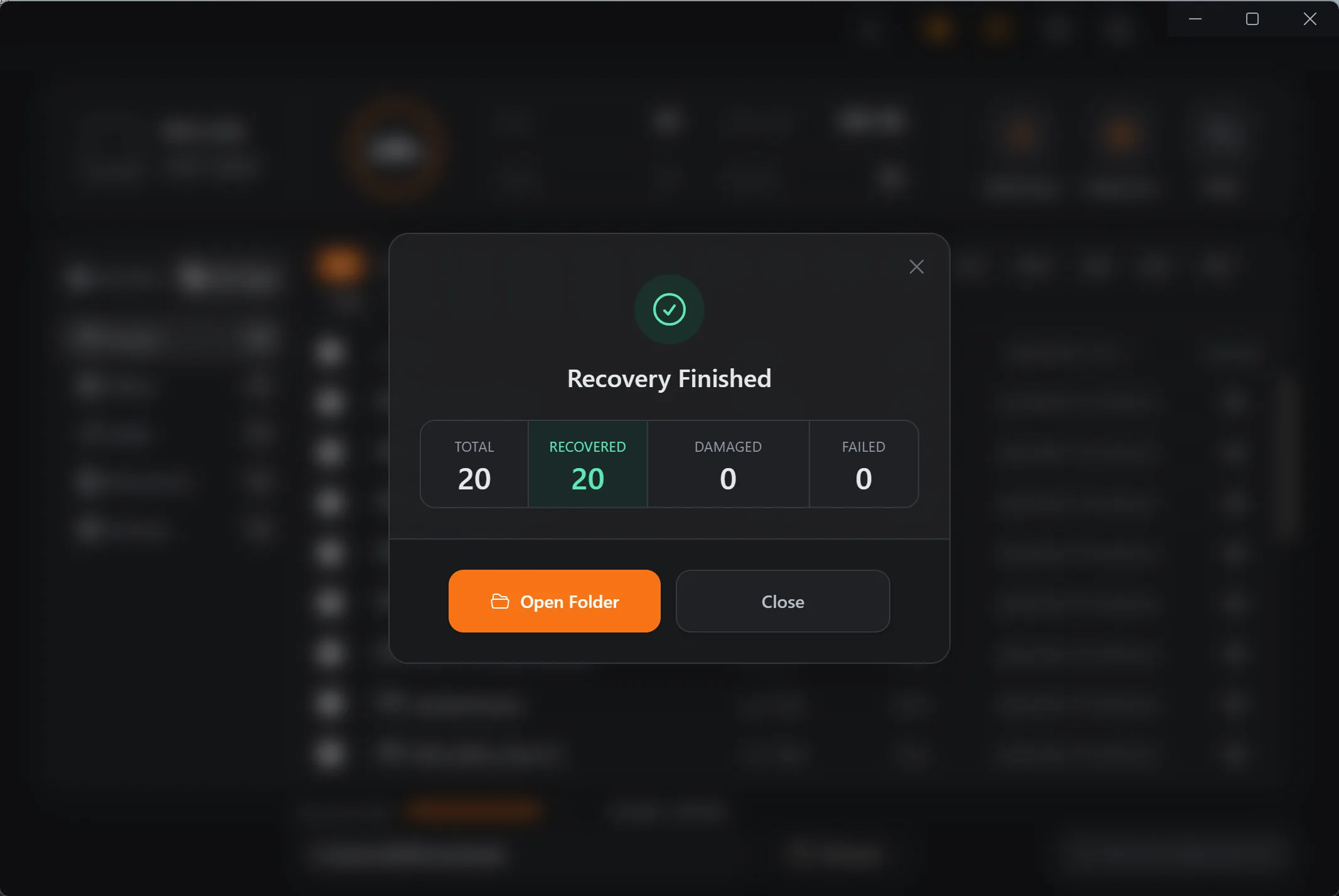 Refindo recovery finished dialog showing the count of recovered files.