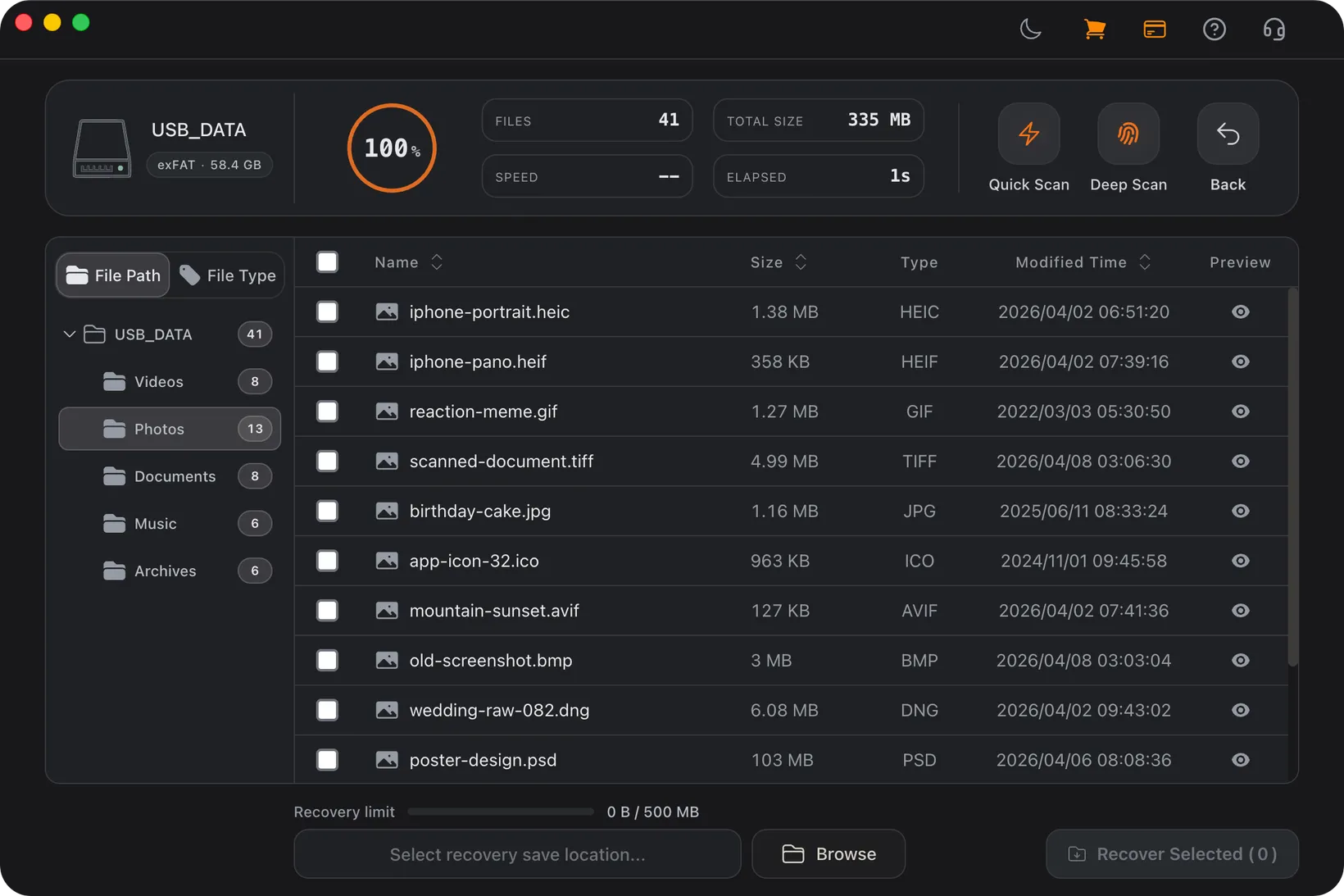 Refindo showing scan results on macOS with recoverable files grouped by folder.