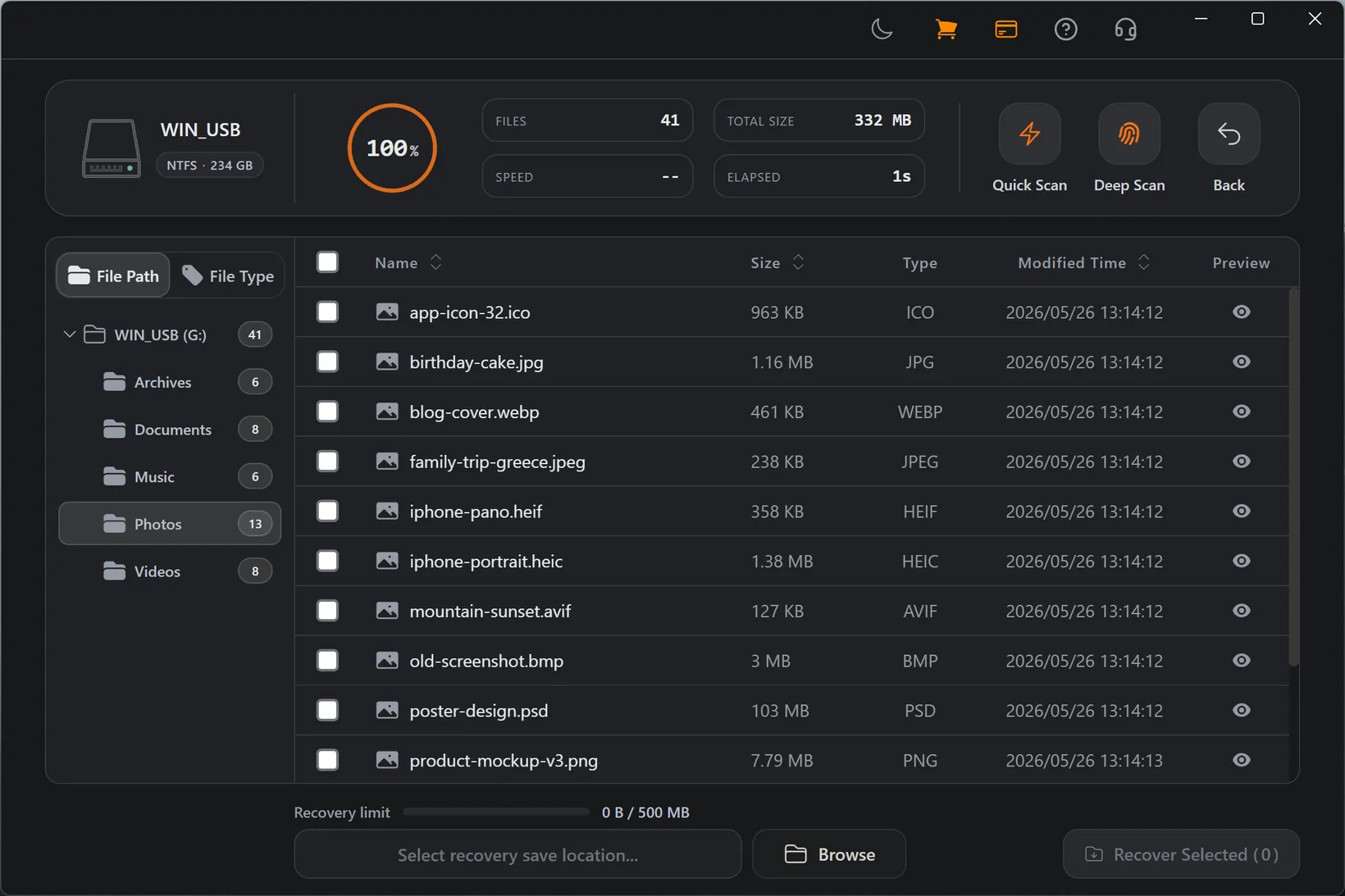 Refindo scan results on Windows before recovery.