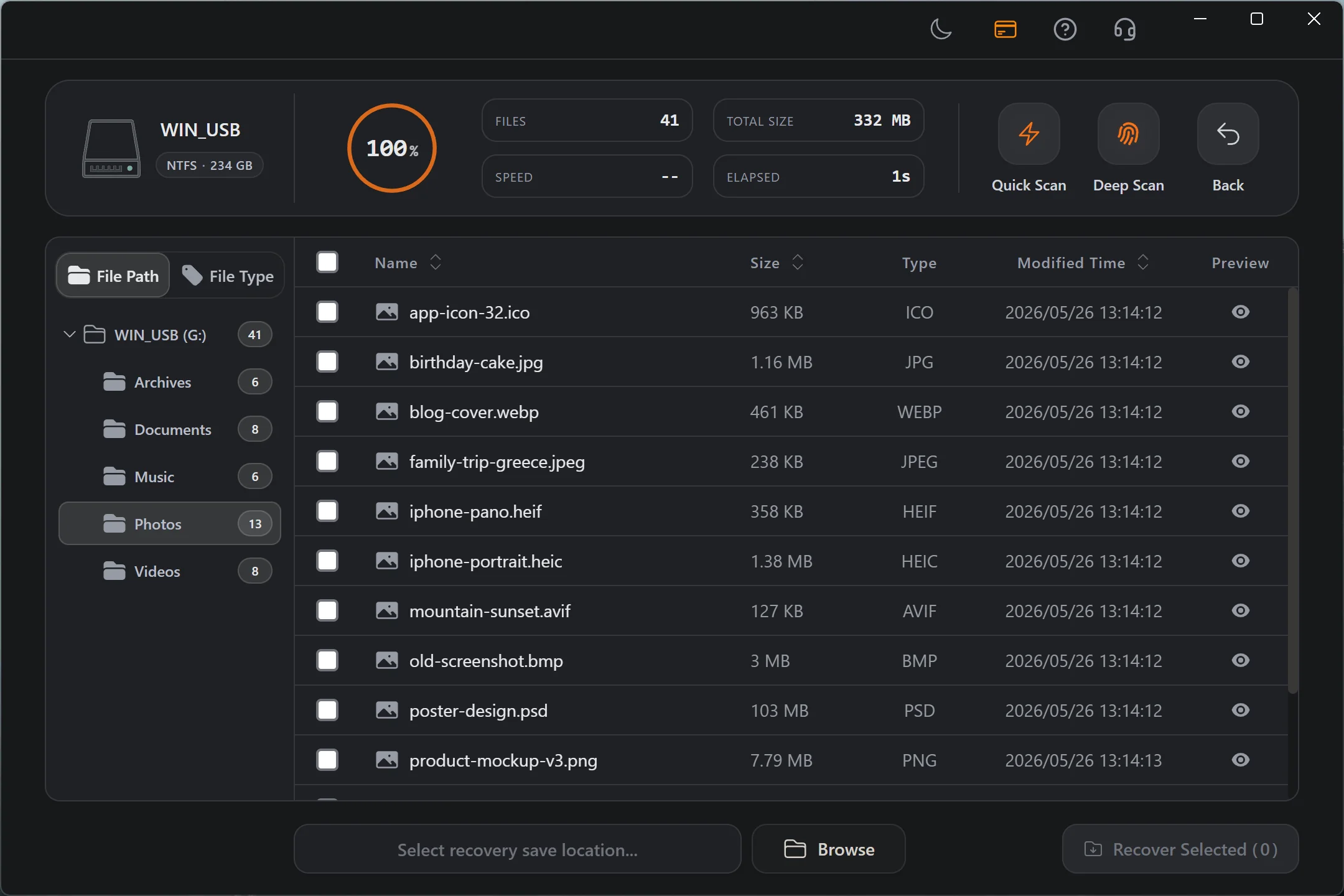 Refindo Quick Scan results on Windows for data recovery